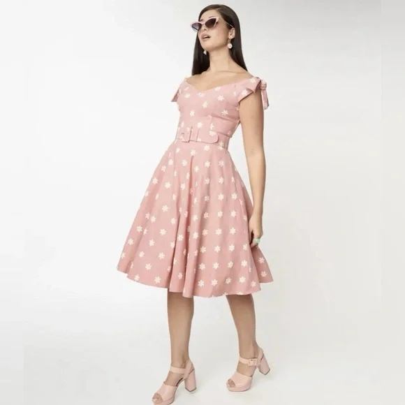 Unique Vintage 50s Prairie Daisy Swing Dress in Powder Pink, Size Large, NWT! - Picture 10 of 16